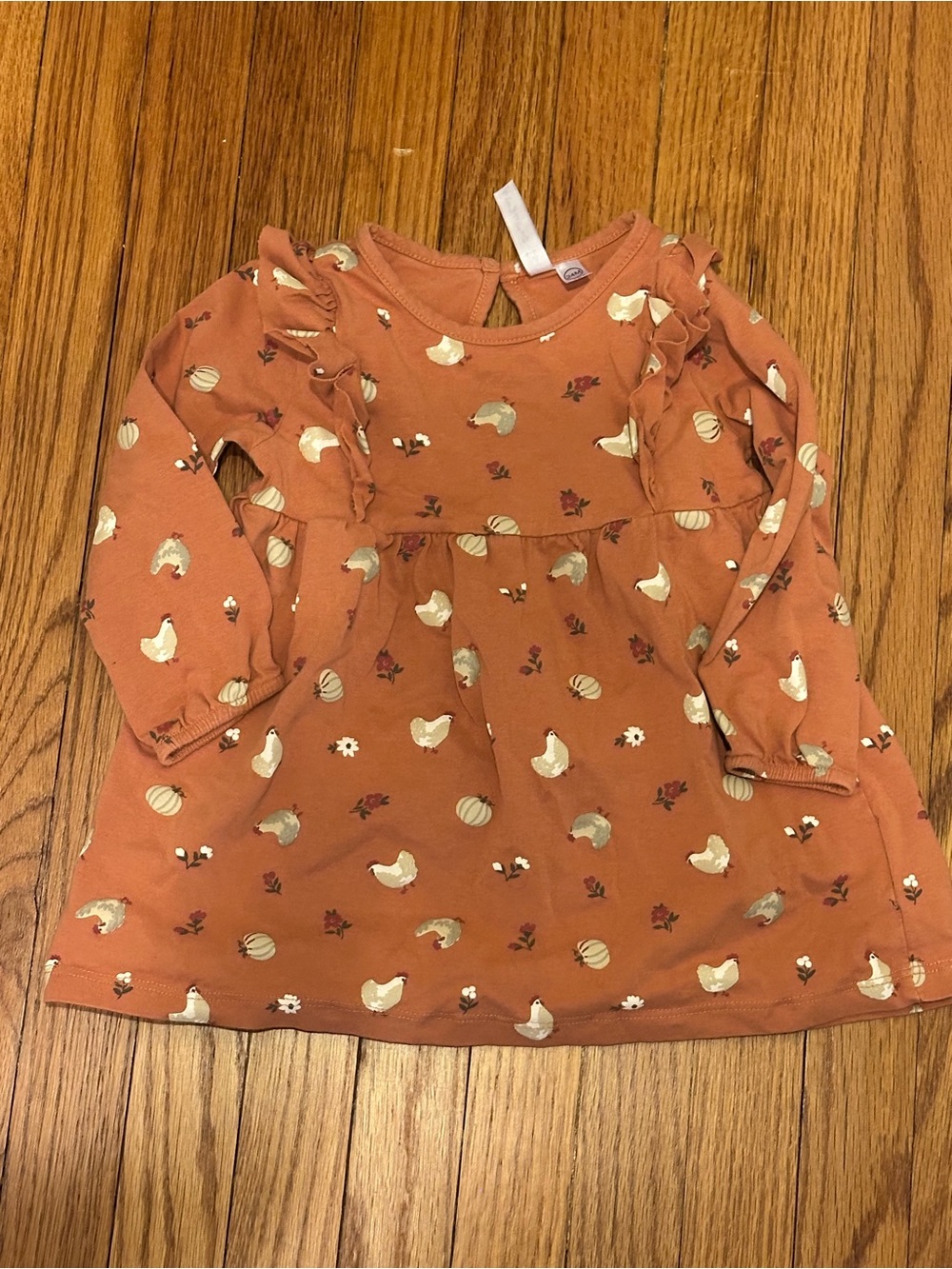 Minibamba Ruffle Dress in Rust with Chicken and Pumpkin Print